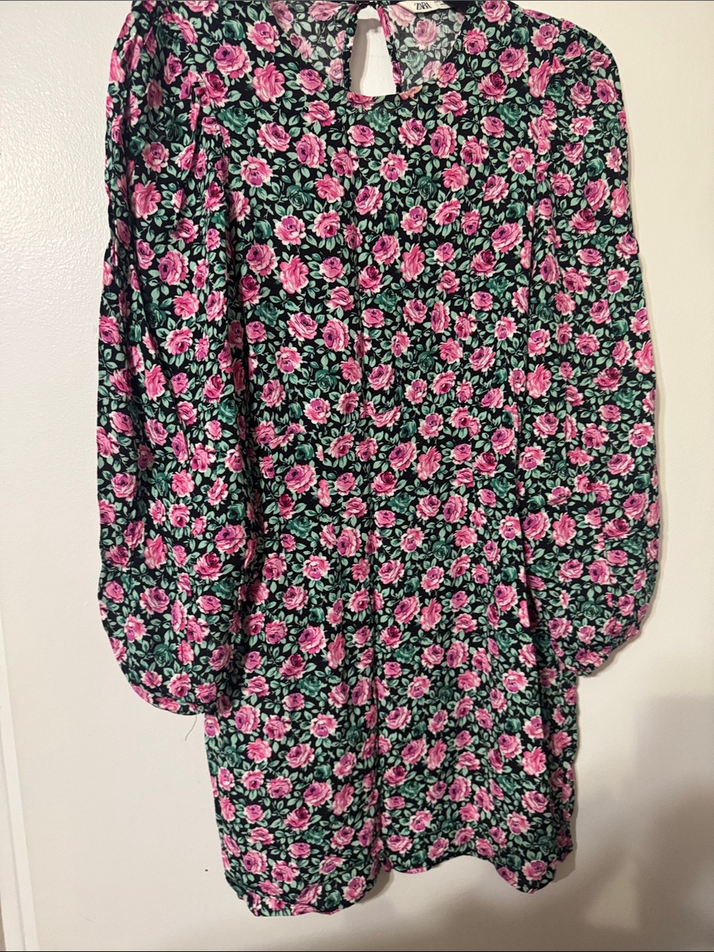 Zara Black Mini Dress with Pink Floral Print